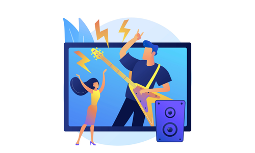 Cartoon of a guitarist performing on a large screen with a dancing woman and a speaker, depicting a concert or music video.