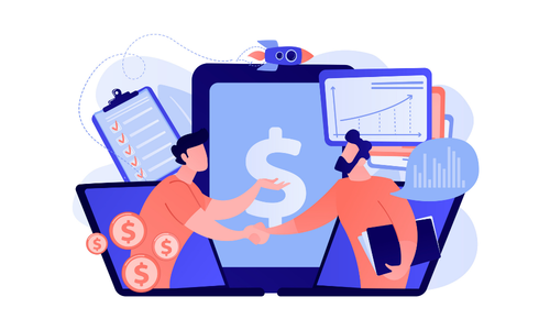 Two people shake hands in front of a laptop with a dollar sign, symbolizing a financial agreement with charts and coins around them.