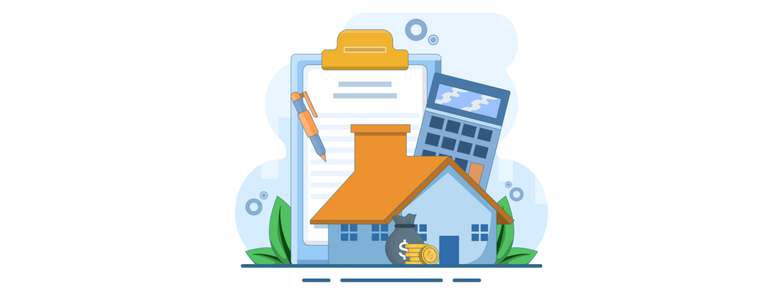 Illustration of a house with a clipboard, calculator and money bag, symbolizing mortgage and home financing.