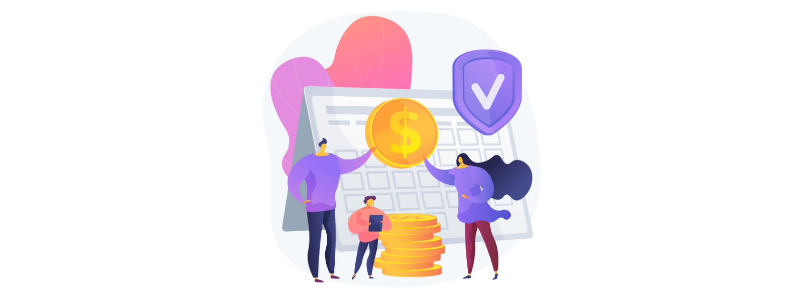 Animated illustration of people handling coins in front of a large calendar and a purple shield with a checkmark, symbolizing financial security.