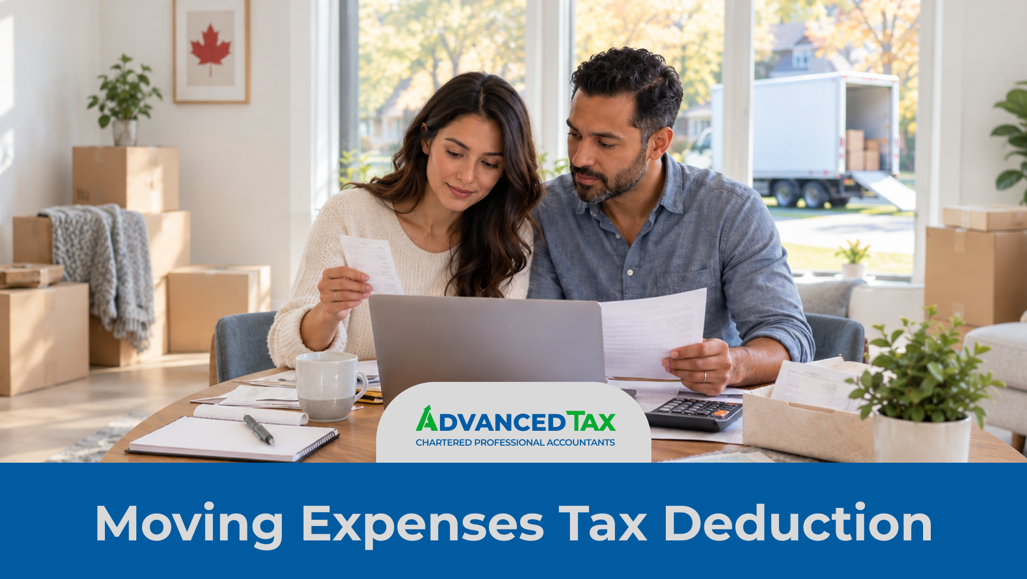 Canadian taxpayer reviewing moving expenses and receipts for a moving expense tax deduction after relocating for work.