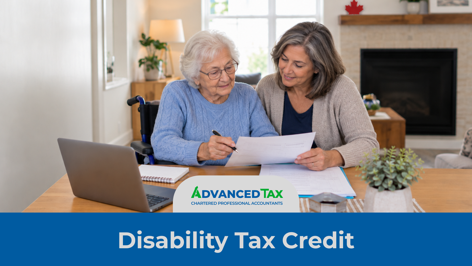 Canadian taxpayer reviewing Disability Tax Credit information and tax documents with a family member.
