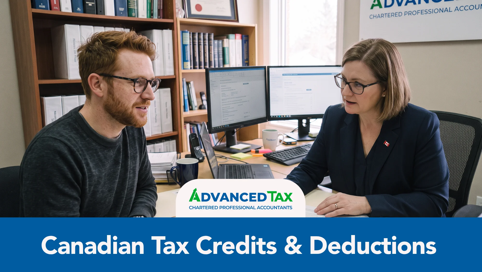 Canadian taxpayer reviewing tax credits and deductions for their income tax return with a CPA.